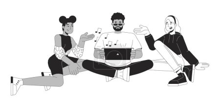 Illustration for Friends playing videogame together black and white 2D line cartoon characters. Multicultural young adults isolated vector outline people. Black guy with console monochromatic flat spot illustration - Royalty Free Image