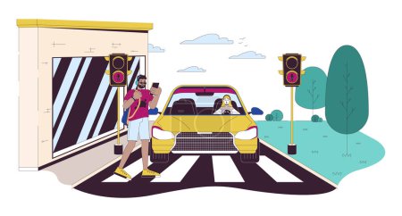 Cruzando la carretera en la línea roja ilustración plana de dibujos animados. Hombre negro caminando a través de la calle delante del coche 2D caracteres lineales aislados sobre fondo blanco. Accidente peligro escena vector color imagen