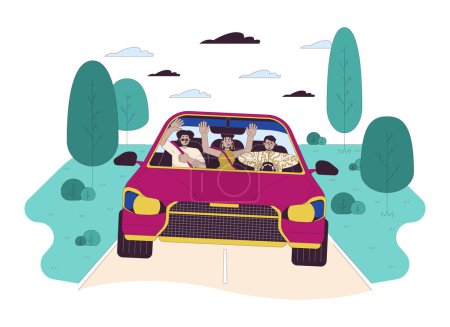 Illustration for Reckless driving line cartoon flat illustration. Diverse friends riding vehicle with rules violation 2D lineart characters isolated on white background. Road accident danger scene vector color image - Royalty Free Image