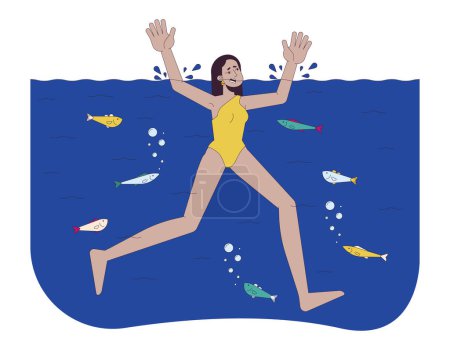 Araberin ertrinkt im Fluss Junge Frau unter Wasser 2D lineare Charakter isoliert auf weißem Hintergrund. Gefährliche Situation am Badesee