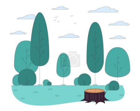 Leere Lichtung mit Baumstumpf in Holzlinie Cartoon flache Illustration. Reisen in den Sommerwald 2D lineare Kunstobjekte isoliert auf weißem Hintergrund. Malerische Landschaft Szene Vektor Farbbild