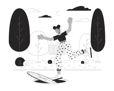 Illustration for African american woman falling in sewer black and white cartoon flat illustration. Black female in dangerous situation 2D lineart character isolated. Open manhole monochrome scene vector outline image - Royalty Free Image