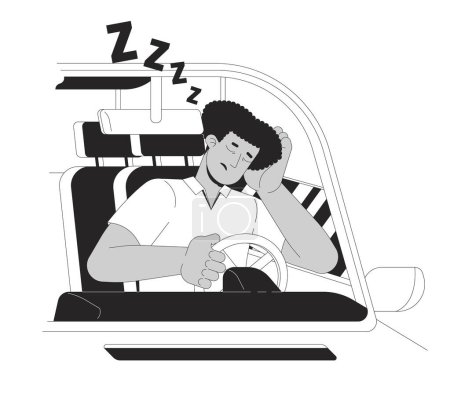 Latin man falling asleep while driving black and white cartoon flat illustration. Tired hispanic male driver 2D lineart character isolated. Accident monochrome scene vector outline image