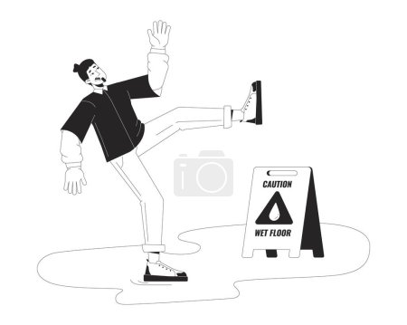 Caucasian man falling on wet floor black and white cartoon flat illustration. Carefree male slipping on puddle 2D lineart character isolated. Dangerous situation monochrome scene vector outline image