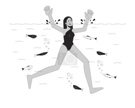 Arab woman drowning in river black and white cartoon flat illustration. Young female going under water 2D lineart character isolated. Dangerous situation monochrome scene vector outline image