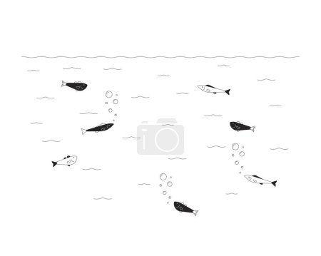 Téléchargez les illustrations : Poissons école nageant sous l'eau noir et blanc dessin animé plat illustration. Vie des animaux marins personnages linéaires 2D isolés sur fond blanc. créatures marines monochrome scène vectoriel contour image - en licence libre de droit
