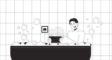 Illustration for Happy man with smartphone taking bath black and white line illustration. Careless asian male using electrical device in water 2D character monochrome background. Danger scene vector storytelling image - Royalty Free Image