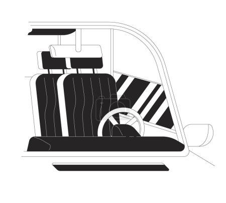 Car salon with empty driver seat black and white cartoon flat illustration. Vehicle with steering wheel 2D lineart object isolated on white background. Driving monochrome scene vector outline image