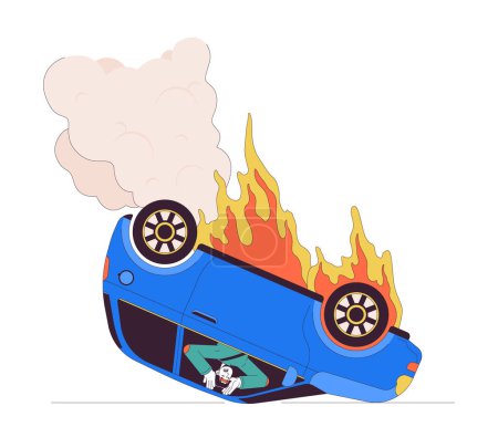 Car upside down on fire line cartoon flat illustration. Frightened asian man locked inside burning auto 2D lineart character isolated on white background. Road accident scene vector color image