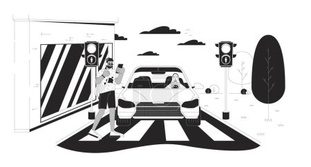Kreuzung Straße bei roter Ampel schwarz-weiß Cartoon flache Illustration. Mann läuft vereinzelt über Straße vor Auto Unfallgefahr Monochrome Szenenvektorumrisse