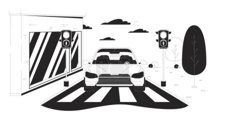 Illustration for Car stopped at red light black and white cartoon flat illustration. Traffic regulation in urban district 2D lineart objects isolated. Driving vehicle in city monochrome scene vector outline image - Royalty Free Image