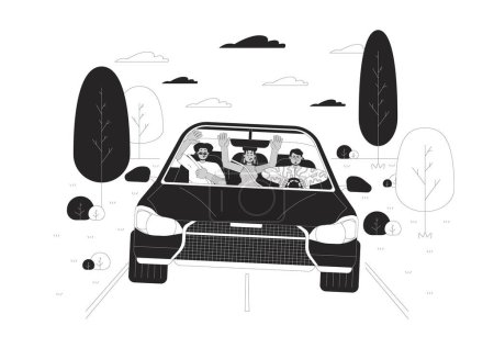 Reckless fahren Schwarz-Weiß-Cartoon flache Illustration. Diverse Freunde fahren Fahrzeug mit Regelverstoß 2D lineare Zeichen isoliert. Monochrome Szenenumrisse im Verkehrsunfallbild