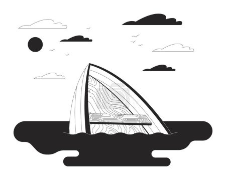 Drowning boat on river black and white cartoon flat illustration. Vessel accident on water 2D lineart objects isolated. Danger of ship sinking awareness monochrome scene vector outline image