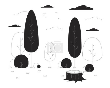 Leere Waldlichtung mit Baumstumpf in schwarz-weißer Linienillustration. Reisen in den Sommerwald 2D lineare Kunstobjekte isoliert. Malerische Landschaft monochrom Szene Vektor Umriss Bild