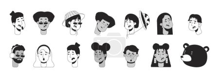 Diverse Menschen und tragen schwarz-weiße 2D-Vektor-Avatare Illustrationsset. Emotionen Ausdruck und tierische Umrisse Zeichentrickfigur Gesichter isoliert. Sieht flach aus Benutzerprofil Bilder Sammlung Porträts