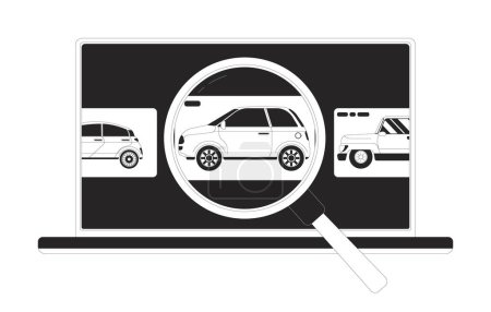 Illustration for Buying car online black and white 2D illustration concept. Choosing auto on dealer website cartoon outline objects isolated on white. Service for vehicle selling metaphor monochrome vector art - Royalty Free Image