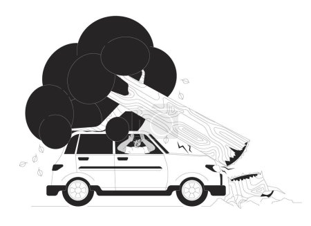 Illustration for Road accident black and white cartoon flat illustration. Scared arab driver in car under fallen tree 2D lineart character isolated. Driving at storm danger monochrome scene vector outline image - Royalty Free Image