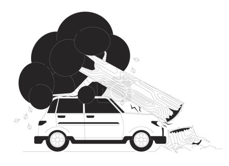 Illustration for Tree falling down onto car black and white cartoon flat illustration. Auto damaged by plant trunk 2D lineart characters isolated. Road accident at stormy weather monochrome scene vector outline image - Royalty Free Image