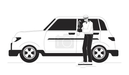Thief breaking into car black and white cartoon flat illustration. Caucasian criminal stealing auto 2D lineart character isolated. Illegal actions with vehicle monochrome scene vector outline image