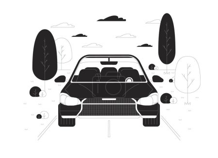 Auto fahren entlang der Landstraße schwarz-weiß Cartoon flache Illustration. Reisen mit dem Fahrzeug 2D lineare Kunstszene isoliert auf weißem Hintergrund. Roadtrip im Urlaub monochrome Szenenumrisse