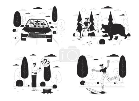 Illustration for People surviving accidents black and white cartoon flat illustration set. Dealing with dangerous situations 2D lineart characters isolated. Warning monochrome scene vector outline image collection - Royalty Free Image