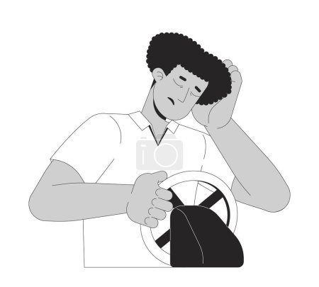 Ilustración de Hombre latinoamericano agotado conduciendo coche blanco y negro personaje de dibujos animados de línea 2D. Conductor hispano cansado que se queda dormido persona contorno vectorial aislado. Accidente monocromático plano punto ilustración - Imagen libre de derechos