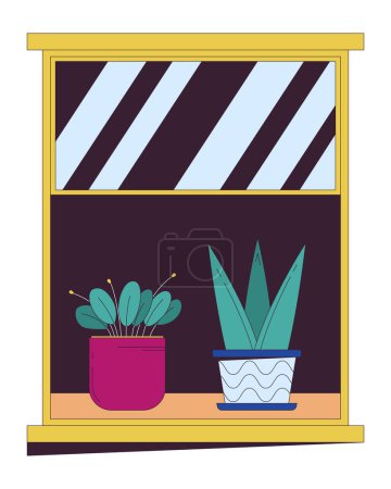 Illustration for Potted houseplants on windowsill 2D linear cartoon objects. Growing exotic plants by window isolated line vector elements white background. Home garden cultivation color flat spot illustration - Royalty Free Image