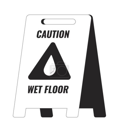 Warnschild für nasse Böden schwarz-weiß 2D-Linie Cartoon-Objekt. Warnung der Besucher vor rutschigen oberflächenisolierten Vektor-Umrissen. Gefährliche Unfallverhütung Monochromatische Flachbild-Illustration