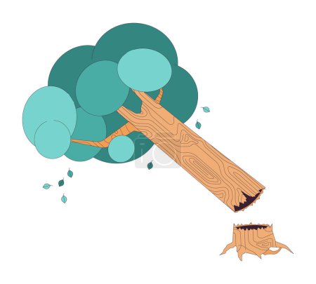Illustration for Broken tree and shrub 2D linear cartoon object. Consequence of disaster. Fallen plant trunk after storm isolated line vector element white background. Dangerous accident color flat spot illustration - Royalty Free Image
