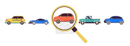 Illustration for Choosing car for rent 2D linear cartoon objects. Using magnifying glass to check autos isolated line vector elements white background. Buying vehicle online color flat spot illustration - Royalty Free Image