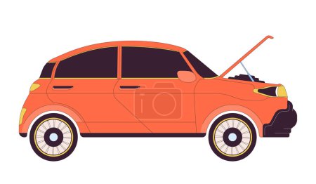 Car with open hood 2D linear cartoon object. Auto engine diagnostic. Vehicle service shop isolated line vector element white background. Broken transport checking color flat spot illustration