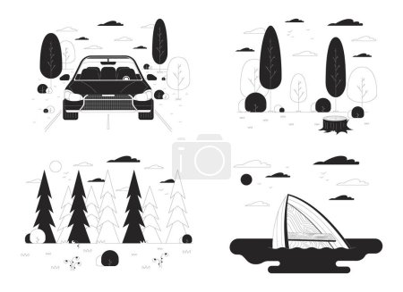 Illustration for Travelling to wild nature black and white cartoon flat illustration set. Tourism 2D lineart objects isolated. Safety during outdoor activities monochrome scene vector outline image collection - Royalty Free Image