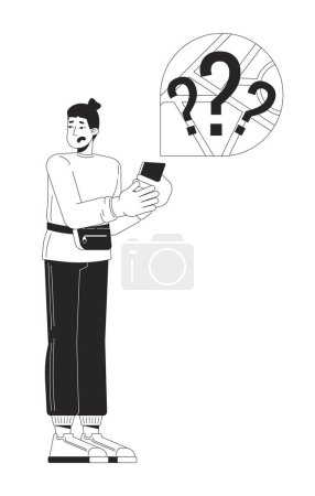 Disappointed man getting lost black and white 2D line cartoon character. Tourist trying to find location with smartphone isolated vector outline person. Danger monochromatic flat spot illustration