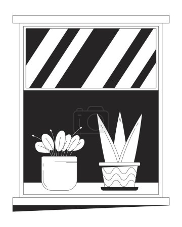 Illustration for Potted houseplants on windowsill black and white 2D line cartoon objects. Growing exotic plants by window isolated vector outline items. Home garden monochromatic flat spot illustration - Royalty Free Image