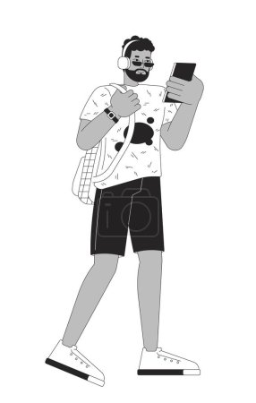 African american man with headphones using smartphone black and white 2D line cartoon character. Student with devices isolated vector outline person. Lifestyle monochromatic flat spot illustration