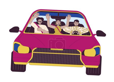 Illustration for Multiracial friends riding car recklessly 2D linear cartoon characters. Creating dangerous situation on road isolated line vector people white background. Road accident color flat spot illustration - Royalty Free Image