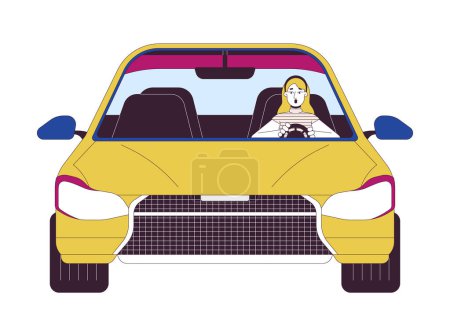 Shocked woman driving car 2D linear cartoon character. Caucasian female dealing with road accident isolated line vector person white background. Dangerous situation color flat spot illustration