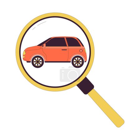Looking at car through magnifying glass 2D linear cartoon object. Seeking auto. Safety control service isolated line vector element white background. Checking up vehicle color flat spot illustration