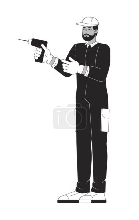 Illustration for African american worker with drill black and white 2D line cartoon character. Black male using electrical screwdriver isolated vector outline person. Maintaining monochromatic flat spot illustration - Royalty Free Image