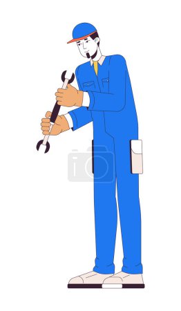Illustration for Caucasian worker with wrench 2D linear cartoon character. Professional male mechanic with work tool isolated line vector person white background. Labor occupation color flat spot illustration - Royalty Free Image