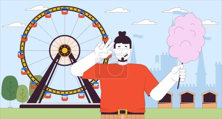 Plump man with cotton candy cartoon flat illustration. Body positive. Happy obese caucasian male at fair 2D line character colorful background. Amusement park scene vector storytelling image