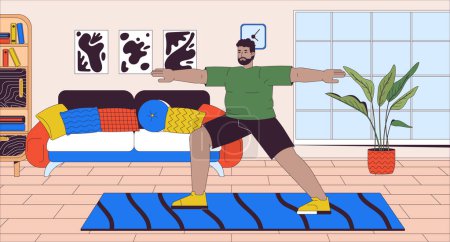 Illustration for African american corpulent man practicing yoga cartoon flat illustration. Plump black male exercising at home 2D line character colorful background. Active lifestyle scene vector storytelling image - Royalty Free Image