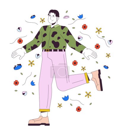 Ilustración de Hombre coreano positivo con sobrepeso personaje de dibujos animados lineales 2D. Llenita asiática macho en flores aislado línea vector persona blanco fondo. Auto amor y aceptación color plano punto ilustración - Imagen libre de derechos