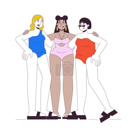 Multiracial curvas mujeres mejores amigos 2D personajes de dibujos animados lineales. Felices hembras obesas en trajes de baño aislados línea vector personas fondo blanco. Cuerpo positivo color plano punto ilustración
