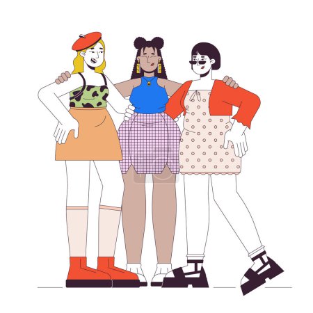 Illustration for Diverse plus sized women in stylish clothes 2D linear cartoon characters. Curvy female friends hugging isolated line vector people white background. Body positive fashion color flat spot illustration - Royalty Free Image
