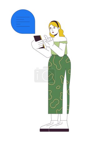 Illustration for Plus sized caucasian woman using mobile phone 2D linear cartoon character. Curvy female sending message in chat isolated line vector person white background. Body positive color flat spot illustration - Royalty Free Image