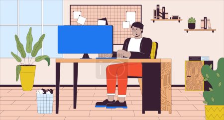Ilustración de Hombre árabe con obesidad trabajando en ilustración plana de dibujos animados de oficina. Más tamaño del medio oriente masculino en la computadora 2D línea carácter colorido fondo. Lugar de trabajo escena vector storytelling imagen - Imagen libre de derechos