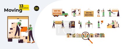 Relocation moving line cartoon flat illustration bundle. Packing boxes adults diverse 2D lineart characters isolated on white background. Loading van, rental app vector color image collection