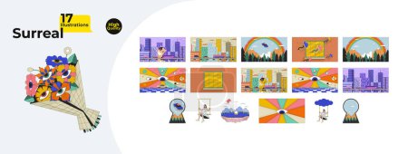 Dreaming surrealistic 2D linear illustrations concepts bundle. Surreal absurd cartoon vector flat scenes. Giant cat, teabag lake, flying car, psychedelic metaphors abstract graphic collection