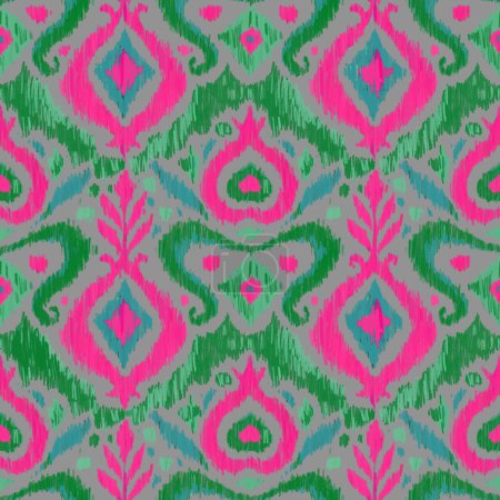 Téléchargez les photos : Ikat traditional folk textile pattern. Tribal ethnic hand drawn texture. Seamless background in Aztec, Indian, Scandinavian, Gypsy, or Mexican style. Raster illustration. - en image libre de droit
